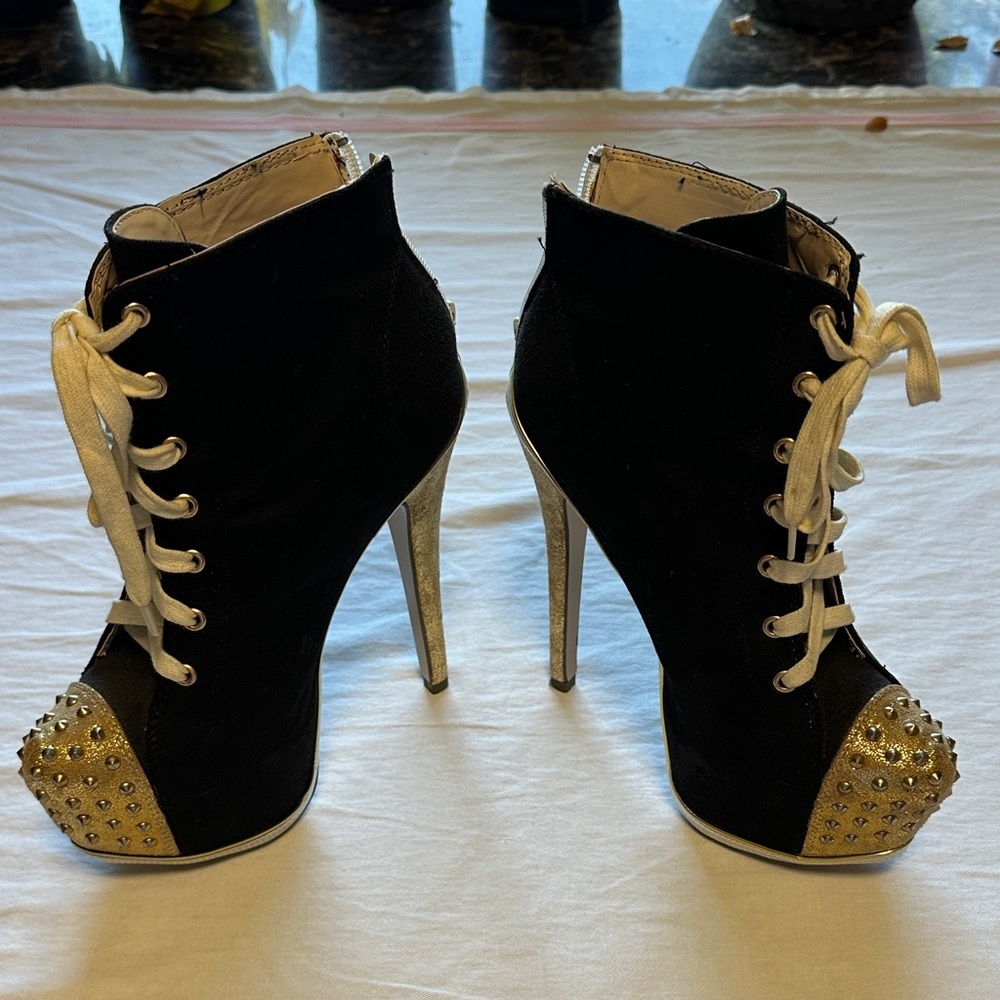 Red Kiss Black and Gold Studded Platform Stiletto High Heels